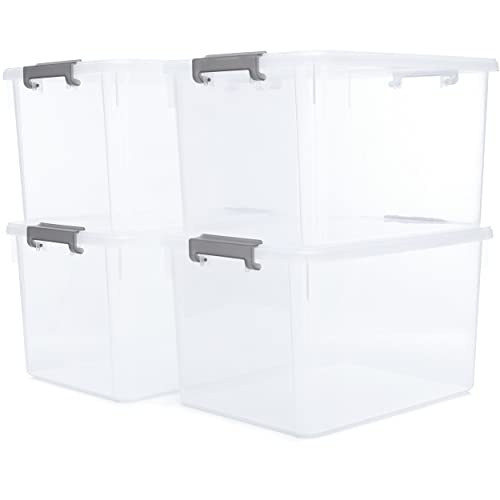 Four 32 Qt Plastic Storage Bins With Gray Latching Lids