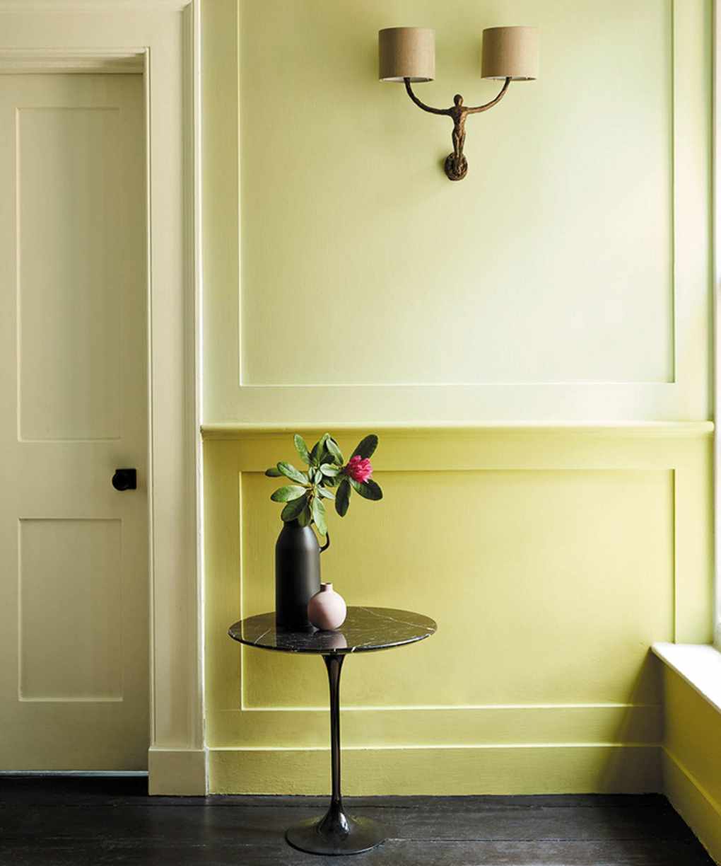 Hallway painted in two shades of yellow