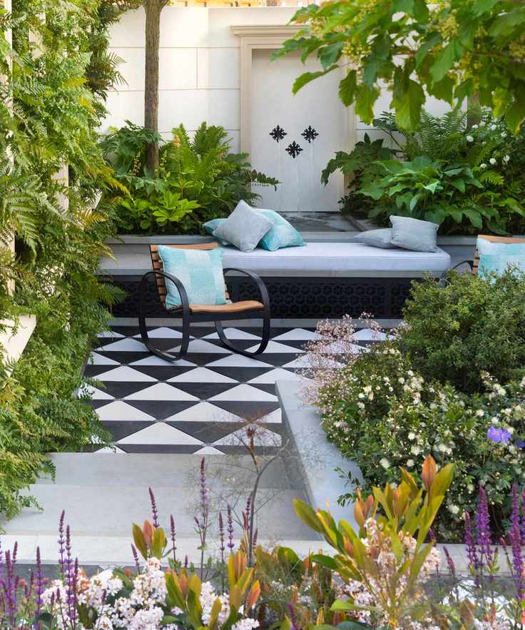 black and white paved backyard space