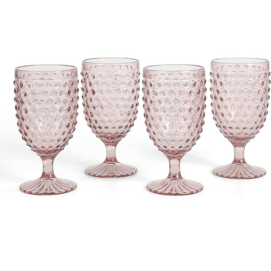 Chauncey 4-Pack 14.2 oz Hobnail Handmade Glass Goblet - Pink