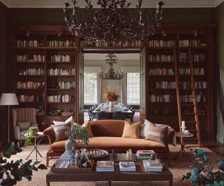 Stylish living room with eclectic bookshelves.