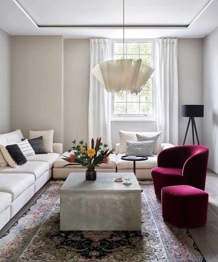 Living room layout with seating arrangement