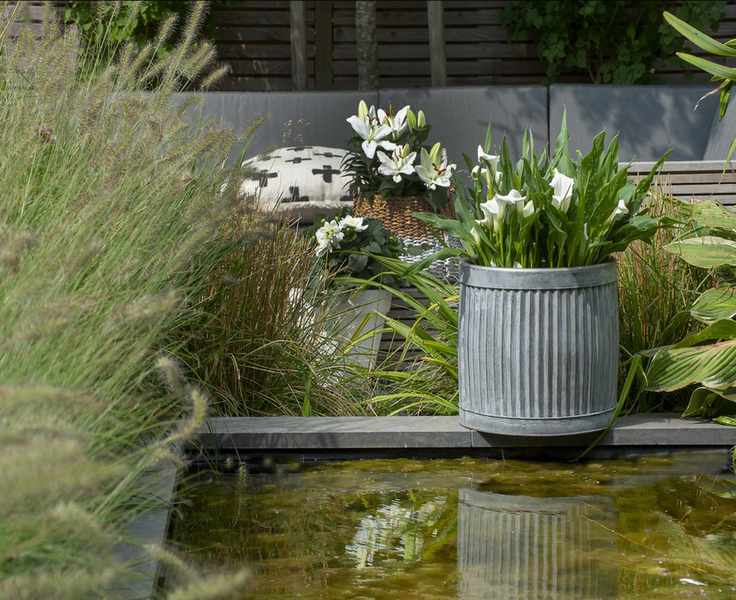 Gray planter with flowers
