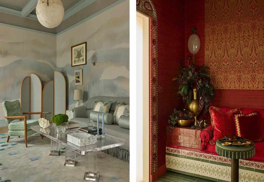 Two rooms side by side: one features serene muted blue and grey interiors with a wavy mural, while the other showcases rich red decor with gold ornate patterns.