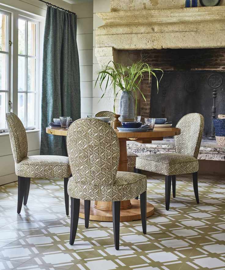round dining table and chairs on chequered tile floor