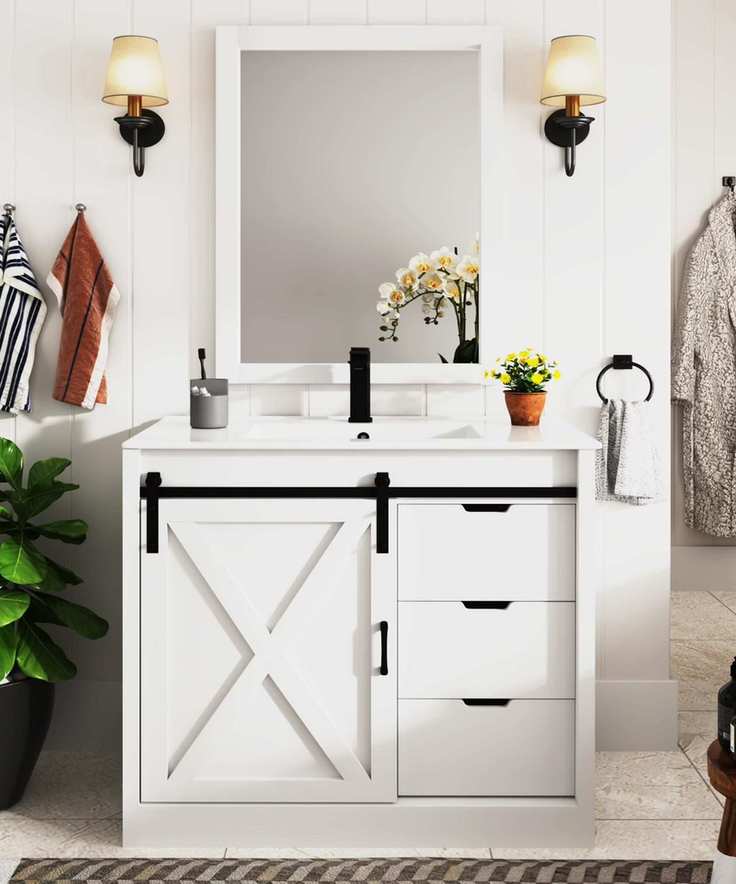 A white bathroom with paneled walls and a farmhouse style vanity