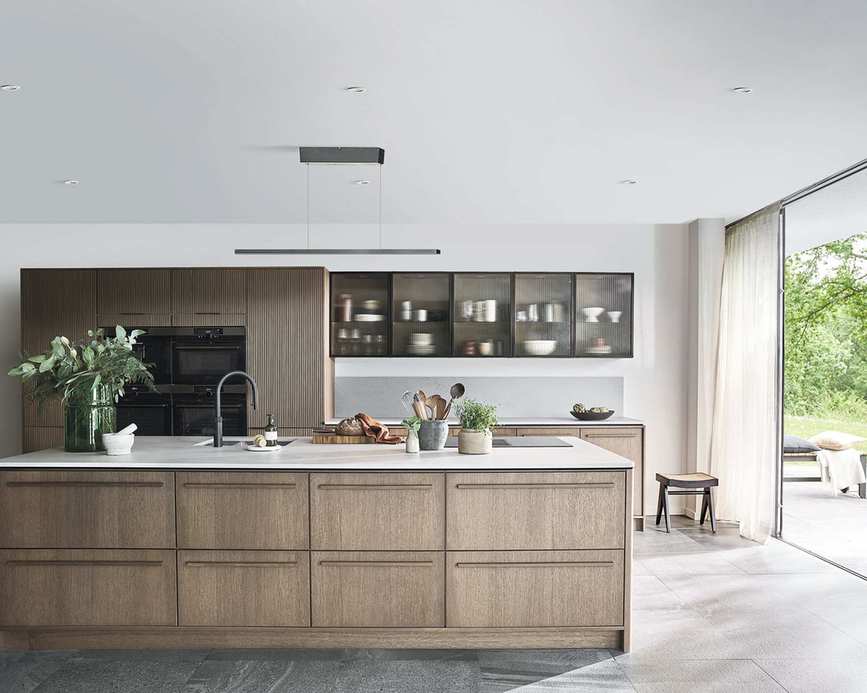 Oak cabinet kitchen ideas with island and marble countertop
