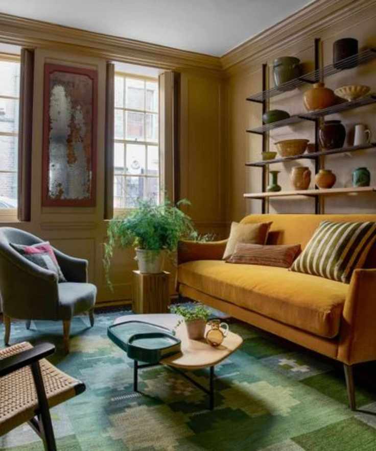 Living room with mustard colored couch