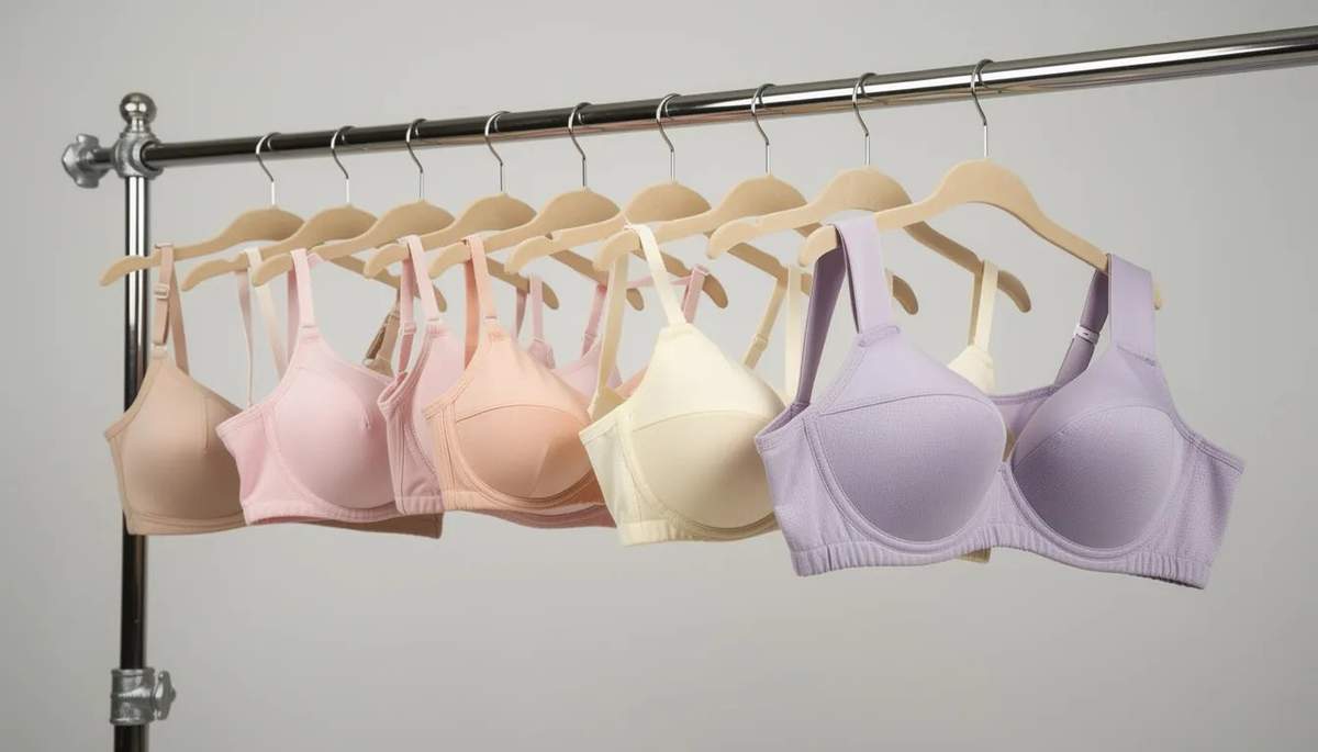 Display of various bra sizes showing different cup volumes and band sizes, aiding in understanding bra cup sizes.