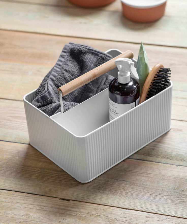 White metal portable caddy with wooden handle