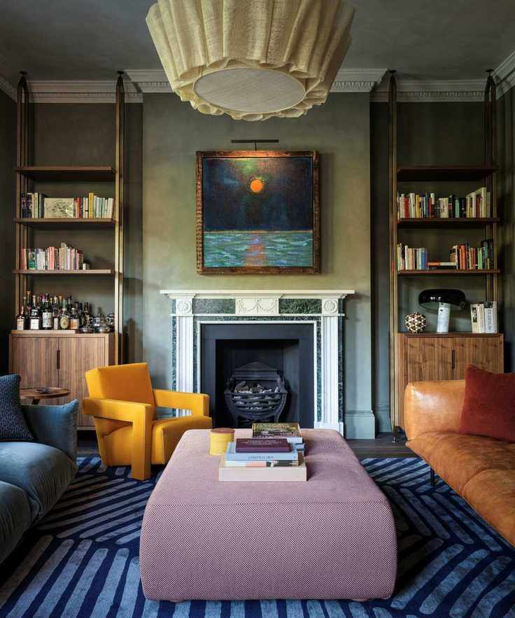 Living room with colorful accents and contrasting furniture