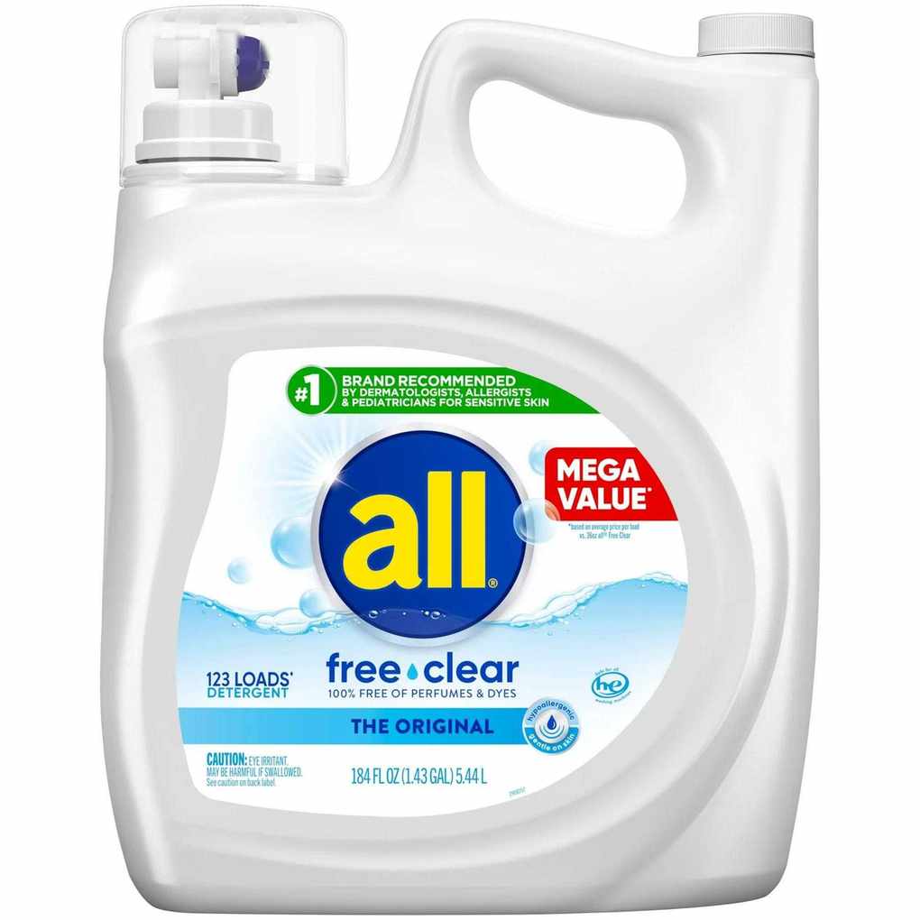 A white bottle of All Free Clear Liquid Laundry Detergent with blue label
