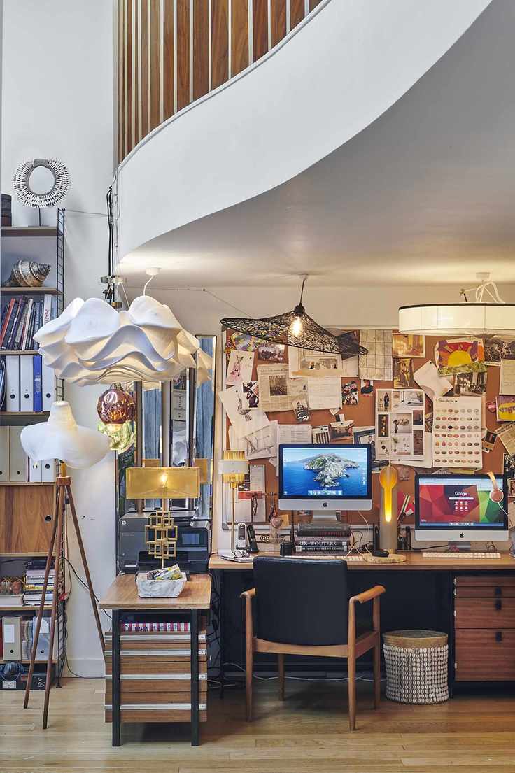 home office/sewing/craft space with iMacs, books, lighting