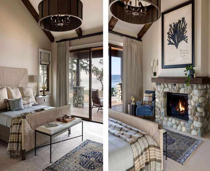 Two images of a large bedroom with a neutral color scheme, glass sliding doors, and a stone fireplace. A sloped ceiling with wooden beams and a large black and white artwork above the fireplace.