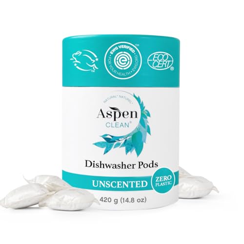 Unscented Dishwasher Pods by Aspenclean, Dye-Free, Zero Plastic, Ewg Verified&amp;trade;, Vegan, Eco-Friendly, Natural Dishwasher Detergent - 28 Count