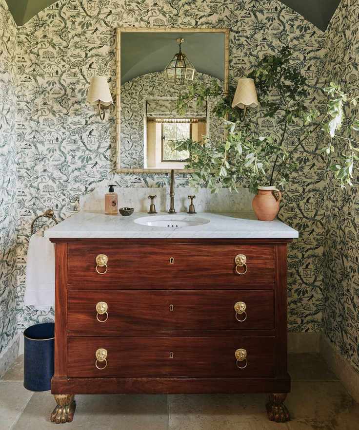 small bathroom with floral wallpaper