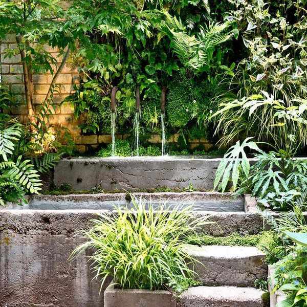 concrete hardscaping with steps and water feature plus planting