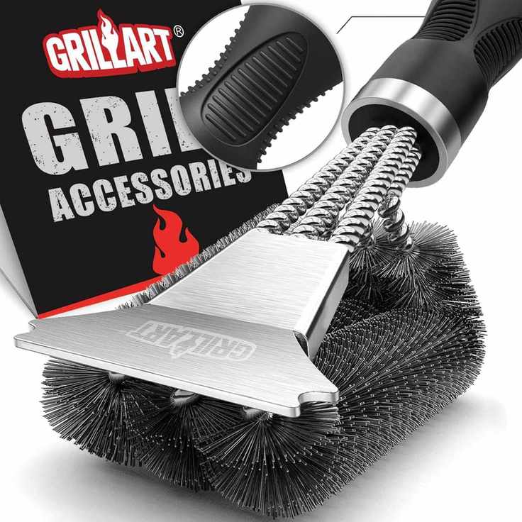 A heavy-duty grill cleaning brush.