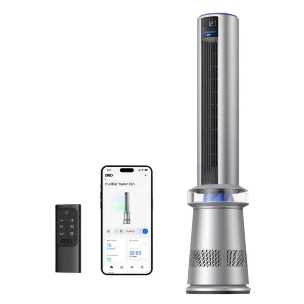 Gray Dreo Air Purifier Tower Fan MC710S with smartphone and remote control pictured in zoom alongside - all on a white background