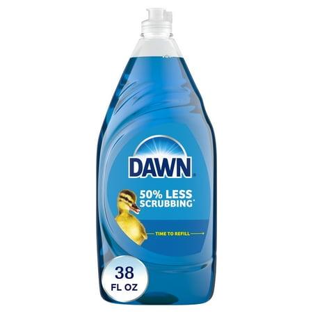 A dish soap bottle filled with light blue dishwashing liquid