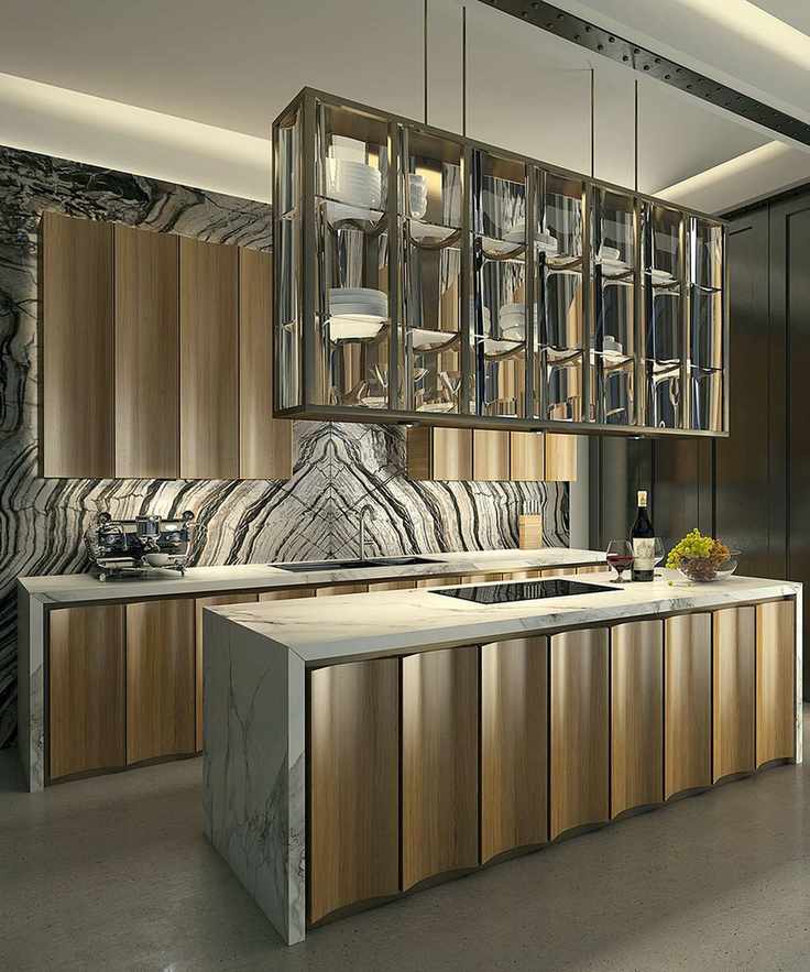 Art Deco kitchen showcasing a fluted island
