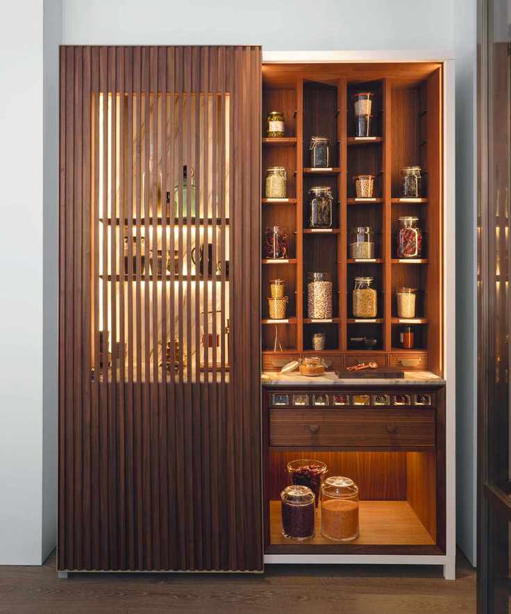 Kitchen with wood and glass cabinets