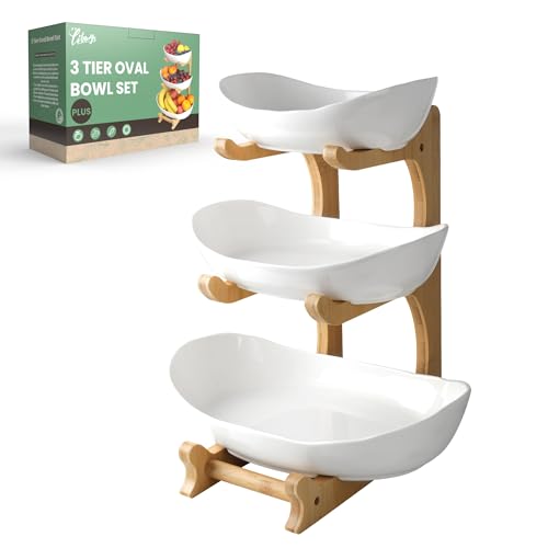 Seven Sparta 3 Tier Fruit Bowl for Kitchen Counter (plus Series) / Ceramic Serving Bowls With Bamboo Stand/big Size Tiered Fruit Basket for Fruit Vegetable Storage, Dessert, Salad Buffet Server