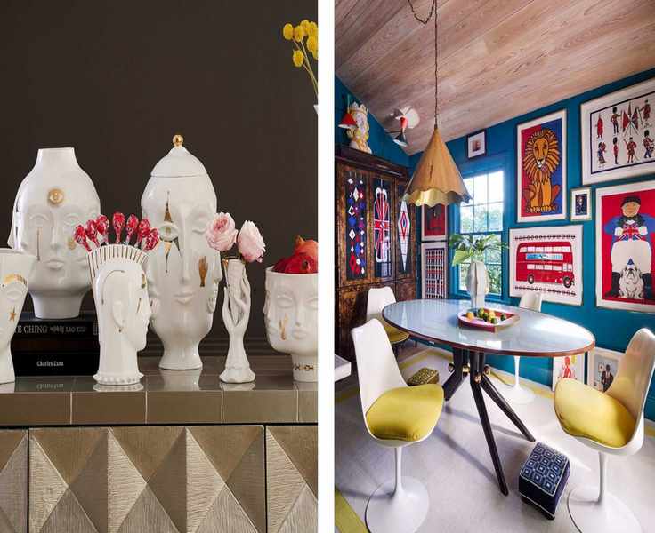 two pictures next to each other. On the left, a row of white Jonathan Adler vases. On the right, a blue dining room with lots of art on the wall