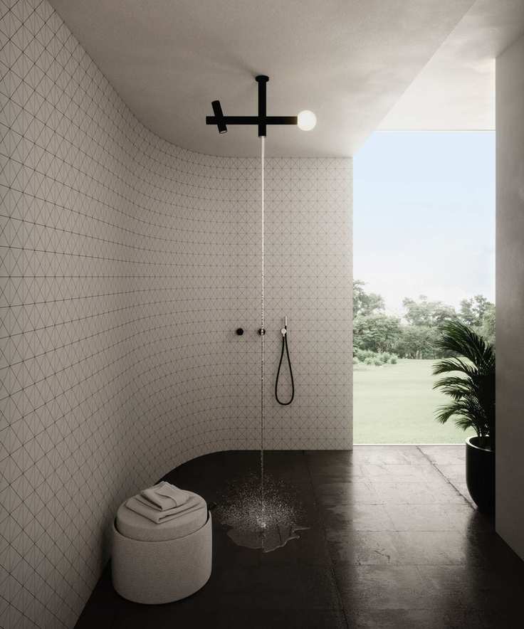 An outdoor shower with a partial roof and white tiles