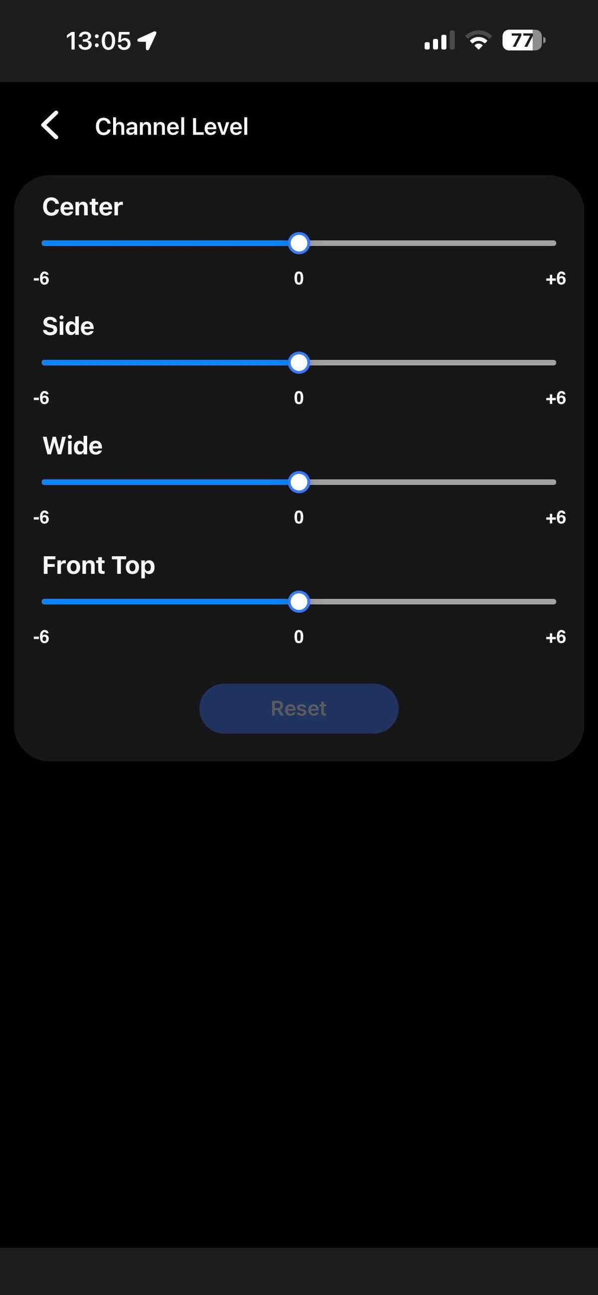 Screenshot of Samsung SmartThings app showing four channel level options for Samsung HW-Q990F soundbar.