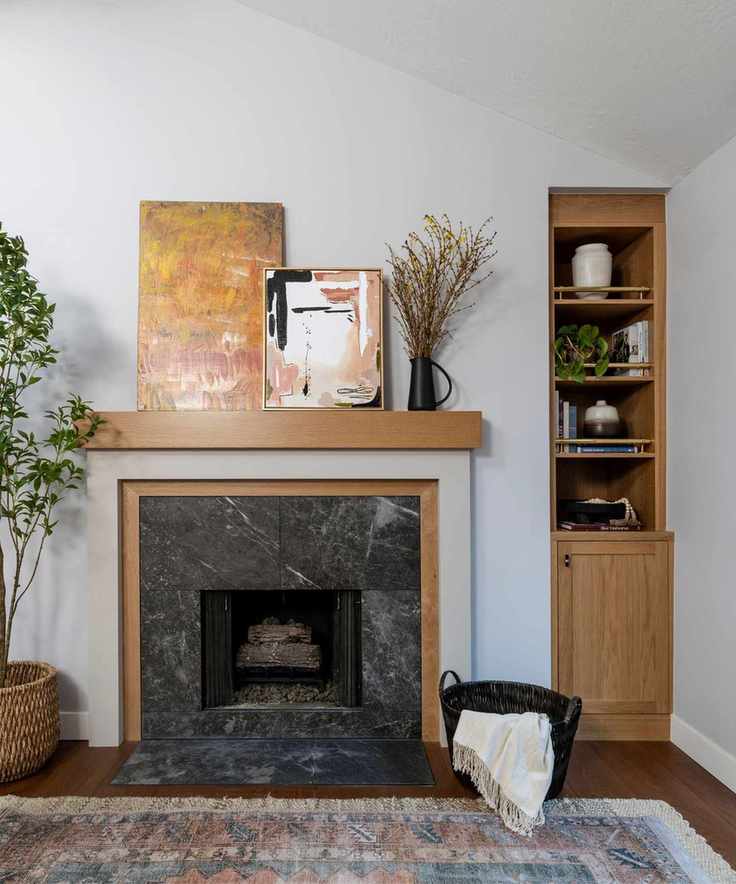 Rustic white living room with storage built into a narrow alcove