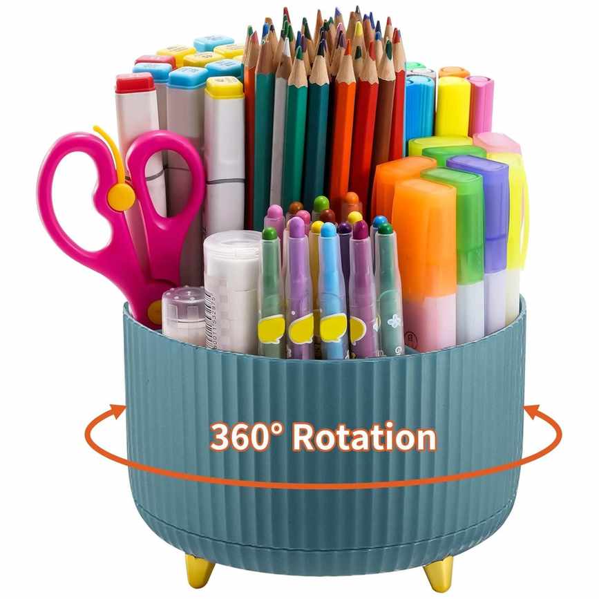 A blue rotating pen holder