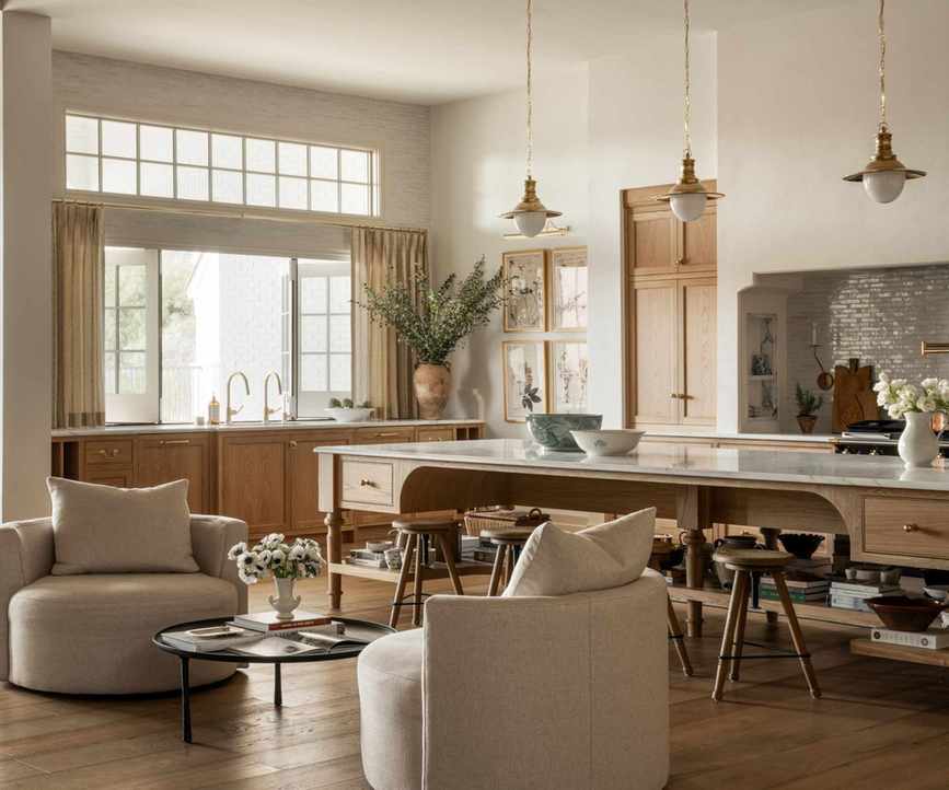 An open-plan kitchen with wood cabinets, marble countertops, brass accents, and an extra large island