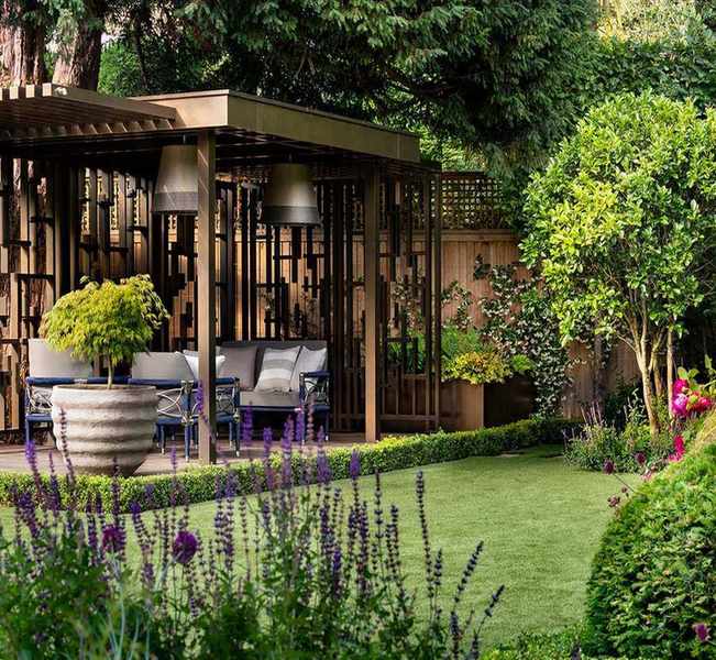decorative pergola and outdoor seating