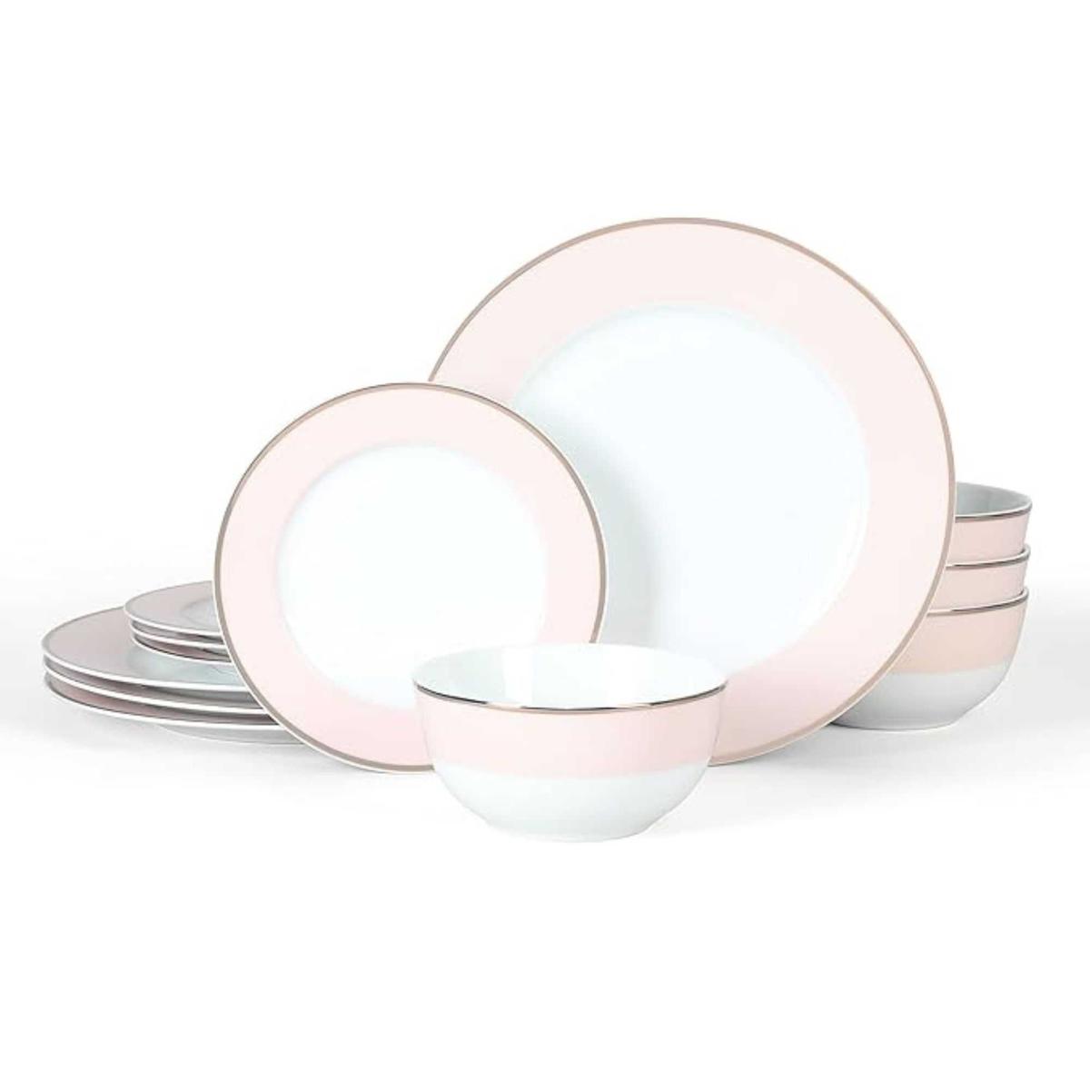 Porcelain Decorated Chip and Scratch Resistant Dinnerware Set - Pink w/Gold Rim