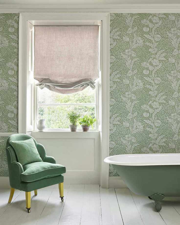 Liberty Fabrics Tudor Poppy in Fern in a bathroom