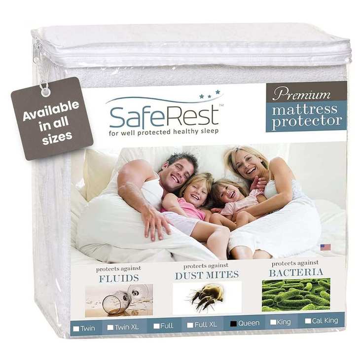SafeRest 100% Waterproof Mattress Protector in a bag against a white background.