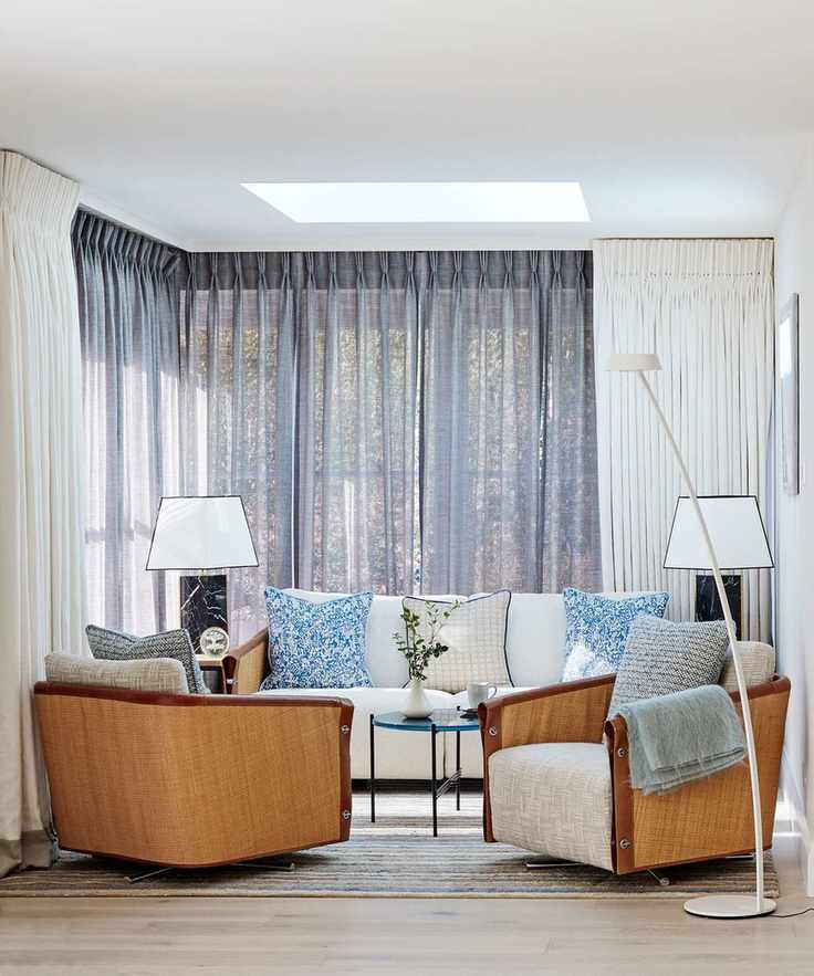 Coastal living room with blue and white soft furnishings