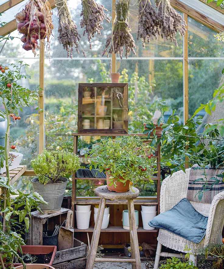 The interior of a rustic greenhouse