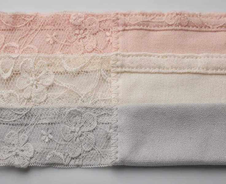 A close-up view of various bra fabrics, showcasing materials like delicate lace, soft cotton, and smooth microfiber, emphasizing the importance of selecting the right fabric for comfort and support in a well-fitted bra.