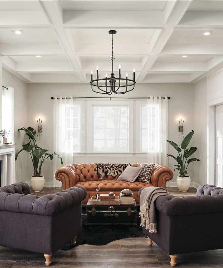 How to plan living room lighting with wall lamps by Kichler, an orange sofa and two purple armchairs