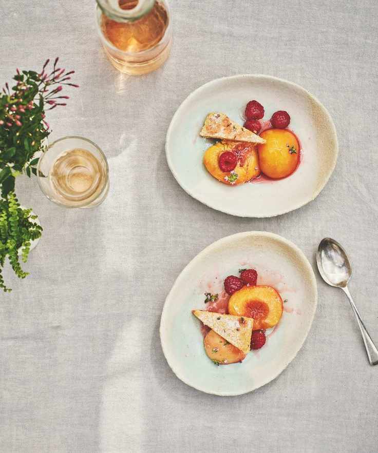 Poached peaches, raspberries and thyme shortbread