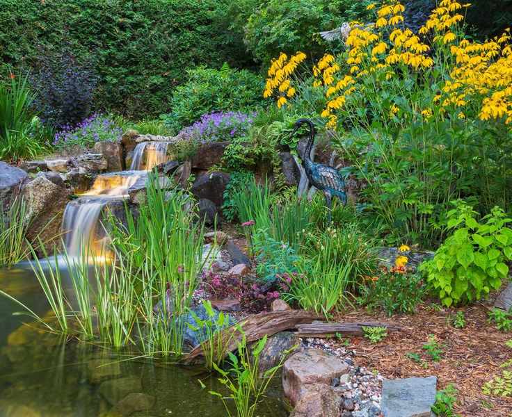 landscaped pond with lighting and stork