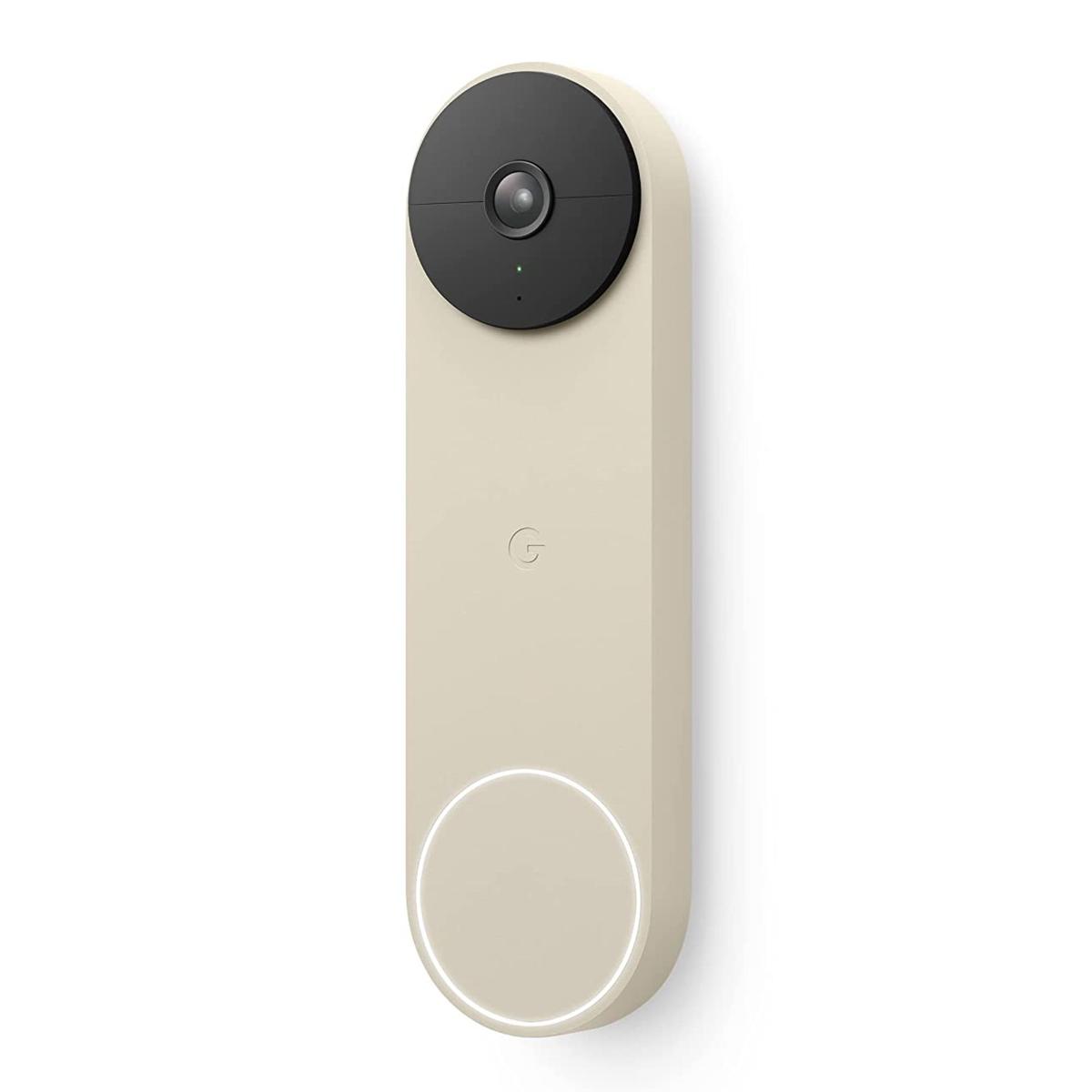 A Google Nest doorbell on a white background