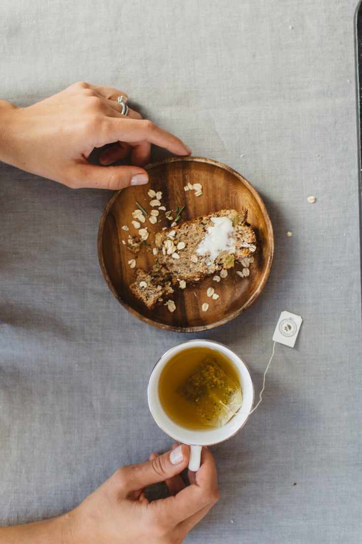zucchini bread with a cup of tea