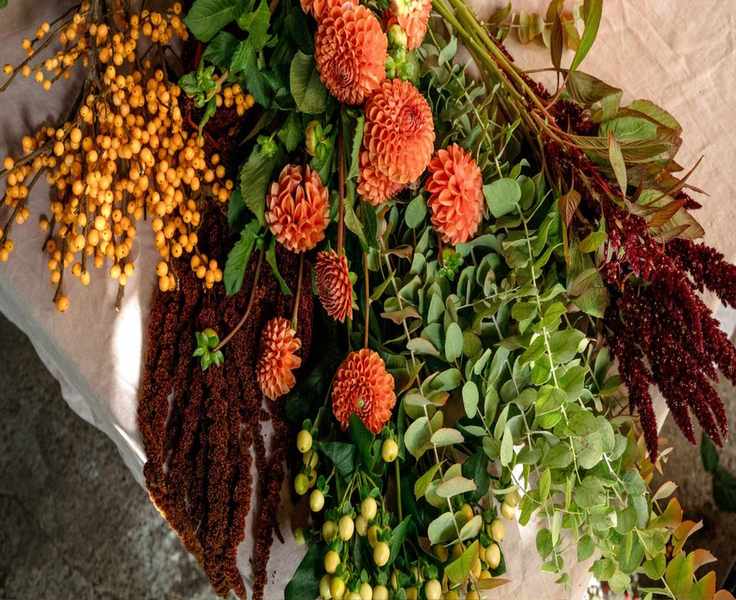 View of dahlias, orange berries, burgundy amaranth, eucalyptus and cream hypericum