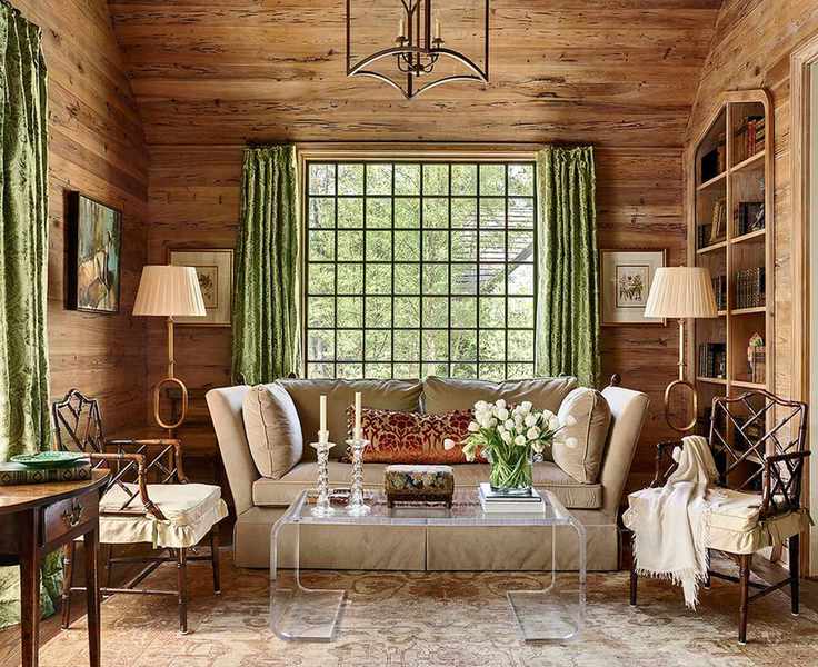 Rustic cabin room decorated in French style