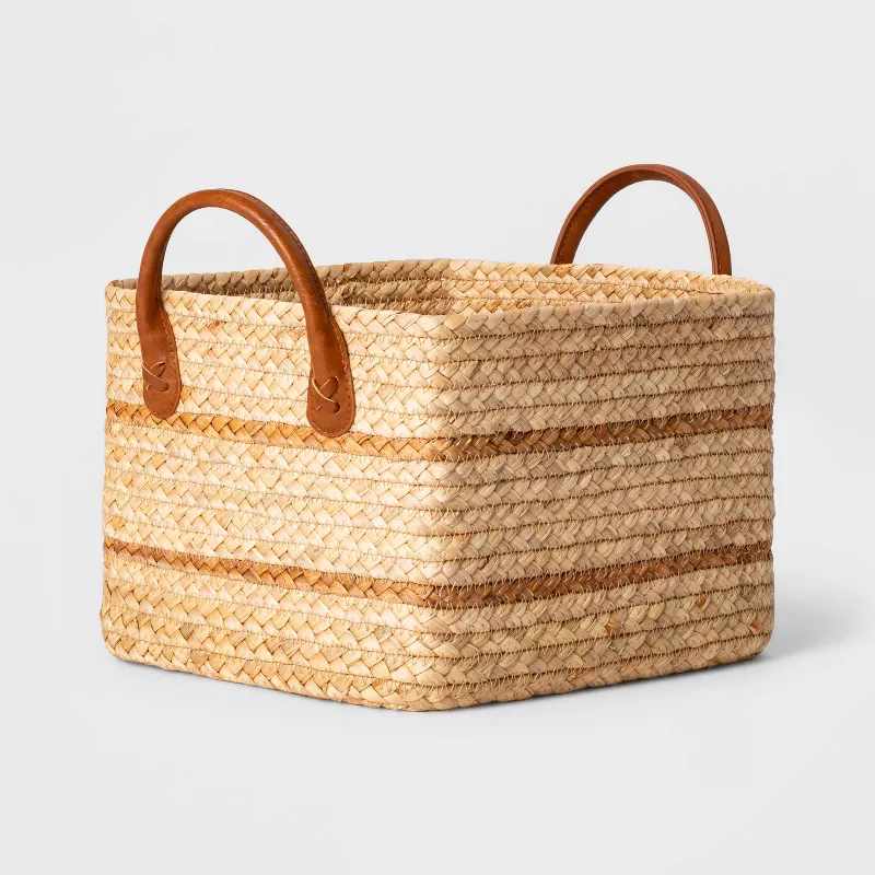 Small Braided Water Hyacinth Basket With Faux Leather Handles - Threshold&trade;: Multicolored Storage &amp; Organization, 11"x10"x8"