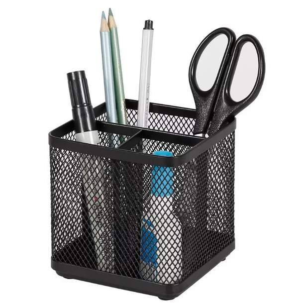a black mesh stationary holder with three compartments to hold items