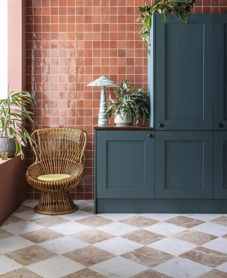 Kitchen with terracotta zellige style tiles